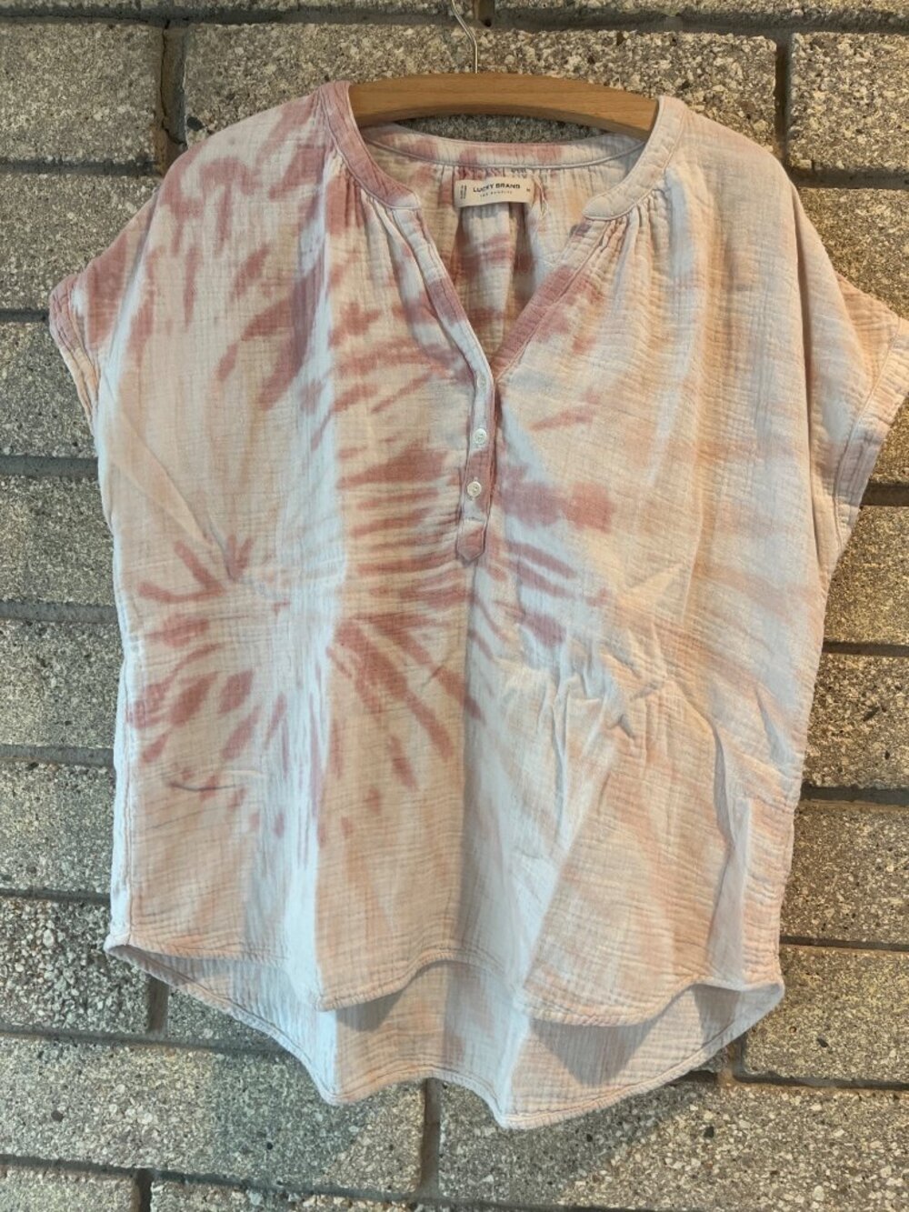 Lucky Brand Womens Tie-Dye Henley Top Short Sleeve Lightweight Cotton Size M